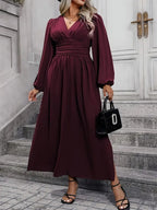 V-Neck Lantern Sleeve Waist Split Maxi Dress