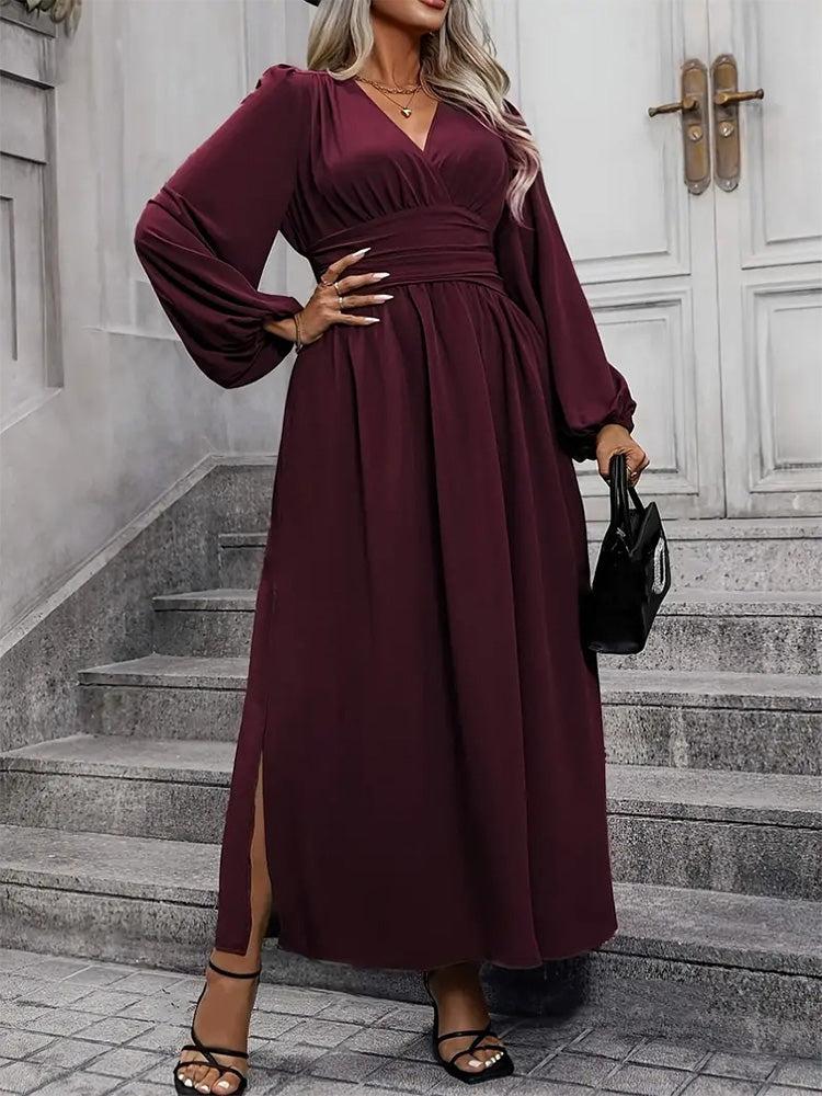 V-Neck Lantern Sleeve Waist Split Maxi Dress