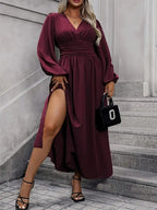 V-Neck Lantern Sleeve Waist Split Maxi Dress