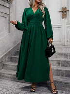 V-Neck Lantern Sleeve Waist Split Maxi Dress
