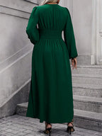 V-Neck Lantern Sleeve Waist Split Maxi Dress