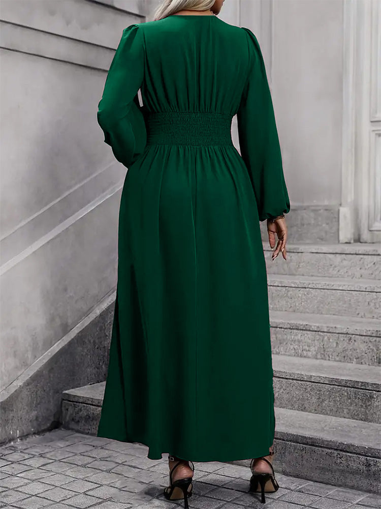 V-Neck Lantern Sleeve Waist Split Maxi Dress