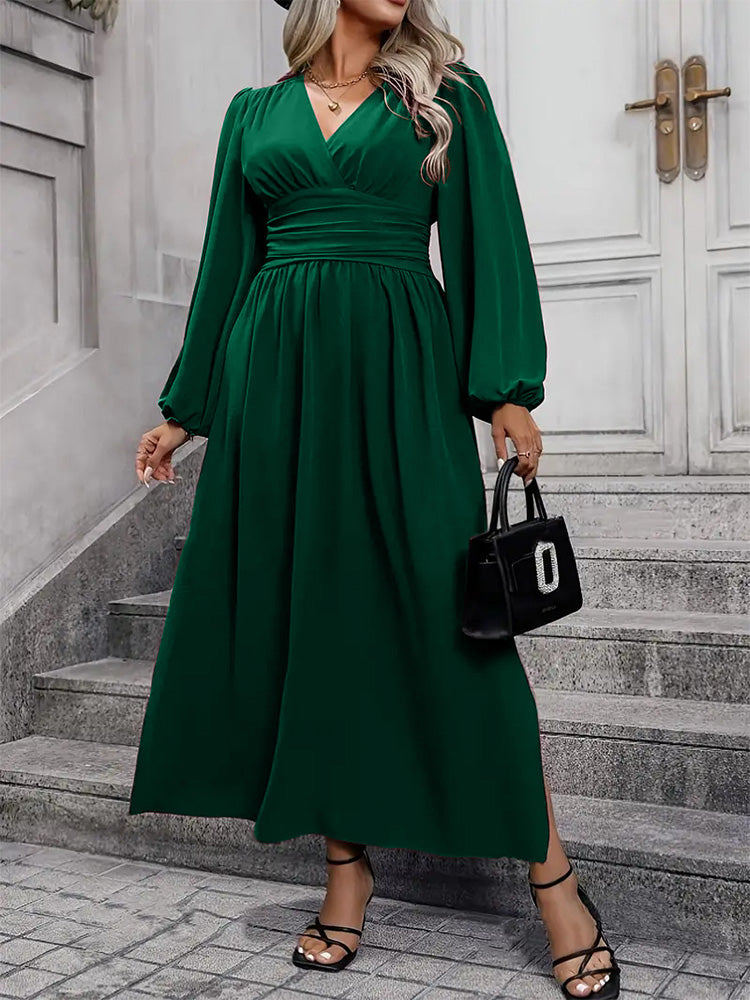 V-Neck Lantern Sleeve Waist Split Maxi Dress