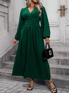 V-Neck Lantern Sleeve Waist Split Maxi Dress