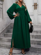 V-Neck Lantern Sleeve Waist Split Maxi Dress