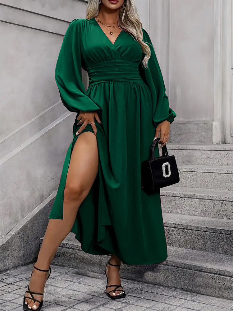 V-Neck Lantern Sleeve Waist Split Maxi Dress