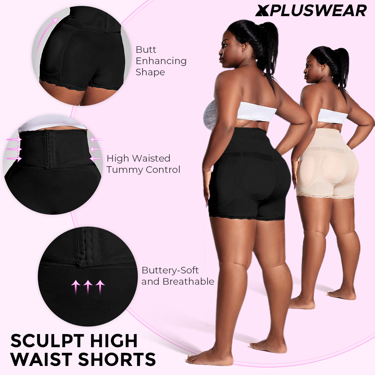 Xpluswear Design Plus Size Daily Black High Waist Body Shaping Waist Buttoned Hip Butt Lifting Shapewear
