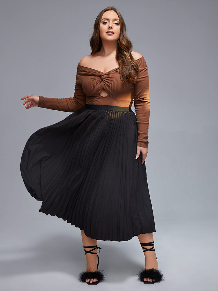 Plus Black Elastic Waist Pleated Skirt