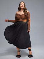 Plus Black Elastic Waist Pleated Skirt