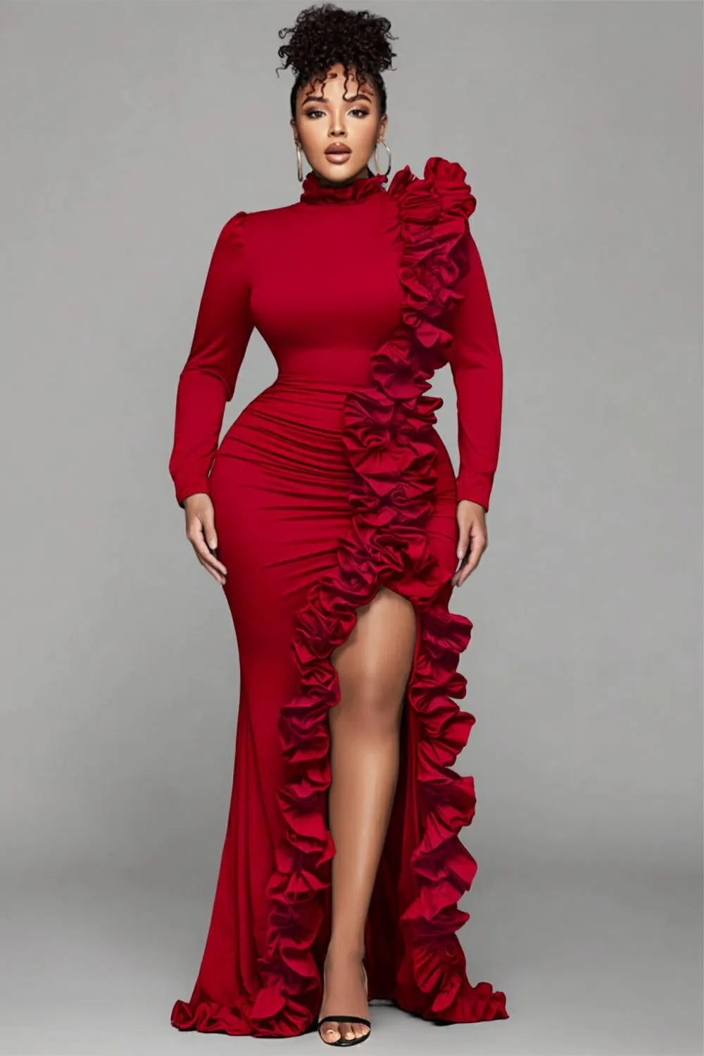 Xpluswear Design Plus Size Formal Black Round Neck Long Sleeve Split Elegant Ruffle 3D Satin Maxi Dresses