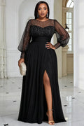 Xpluswear Design Plus Size Formal Black Round Neck Long Sleeve Split Elegant See Through Sequin Chiffon Maxi Dresses