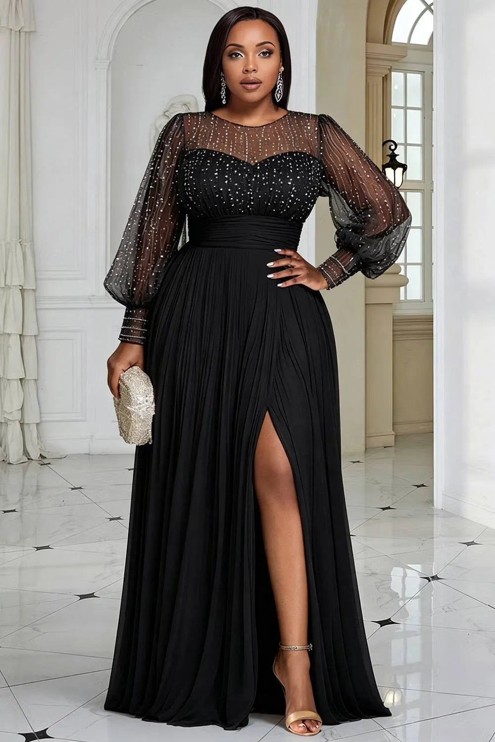 Xpluswear Design Plus Size Formal Black Round Neck Long Sleeve Split Elegant See Through Sequin Chiffon Maxi Dresses
