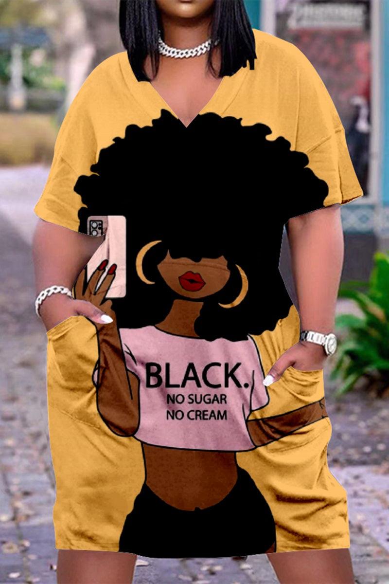 Xpluswear Plus Size V Neck African Short Sleeve Cute Black Girl Print With Pockets Midi Dress-Red