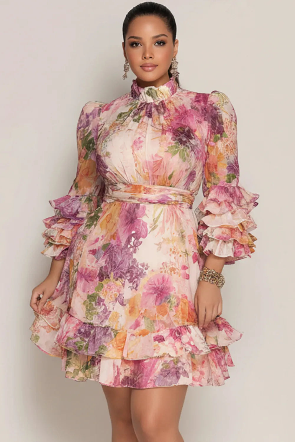Xpluswear Design Plus Size Wedding Guest Pink Floral Mock Neck 3/4 Sleeve Ruffle Chiffon Mini Dresses