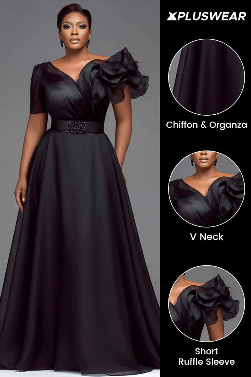 Xpluswear Design Plus Size Formal Organza Black V Neck Short Sleeve Ruffle Chiffon Maxi Dresses