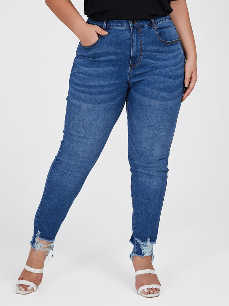 Plus Blue High Waist Ripped Frayed Hem Skinny Jeans
