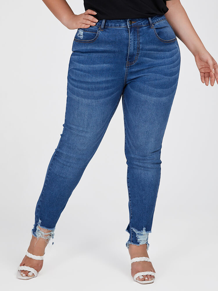 Plus Blue High Waist Ripped Frayed Hem Skinny Jeans