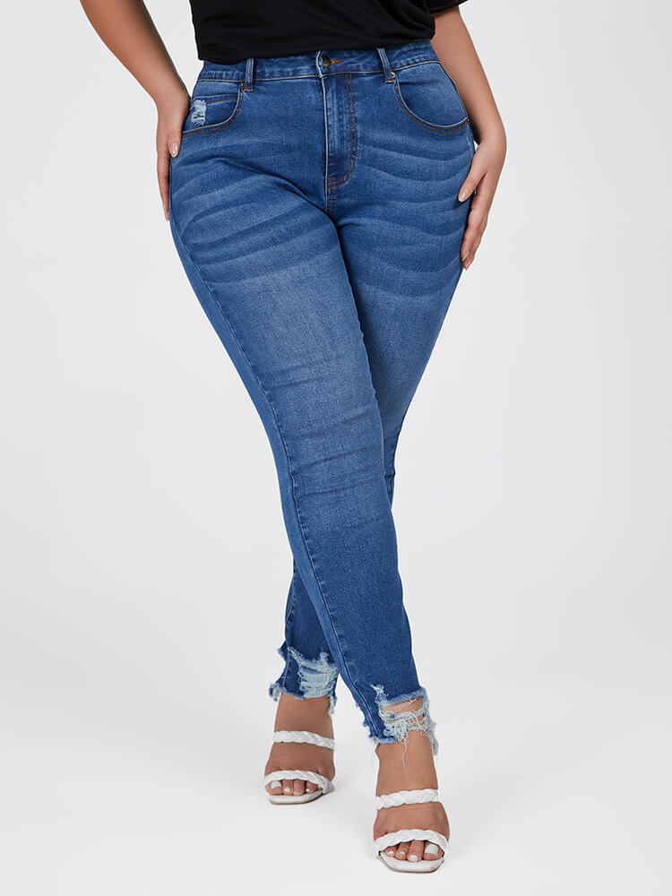 Plus Blue High Waist Ripped Frayed Hem Skinny Jeans
