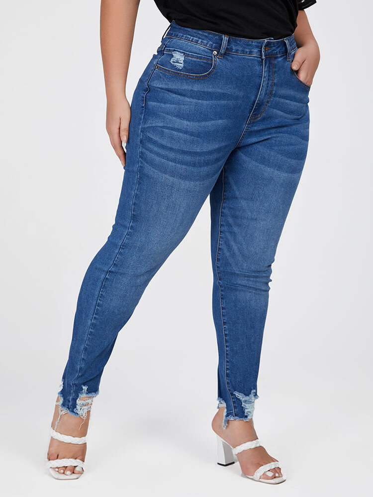 Plus Blue High Waist Ripped Frayed Hem Skinny Jeans