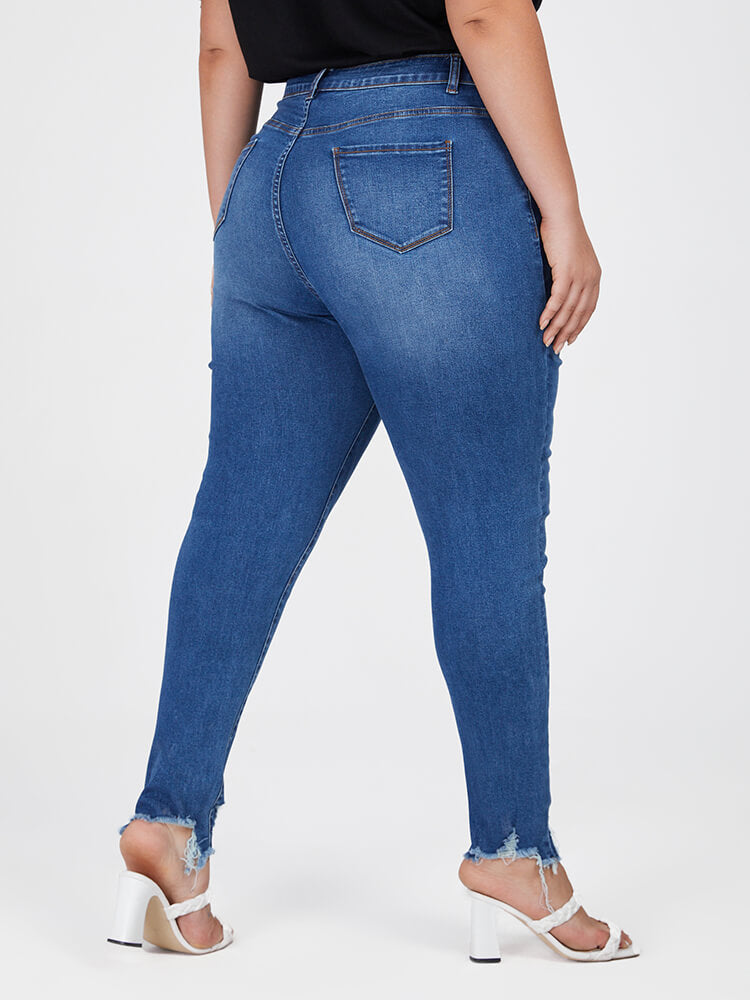 Plus Blue High Waist Ripped Frayed Hem Skinny Jeans