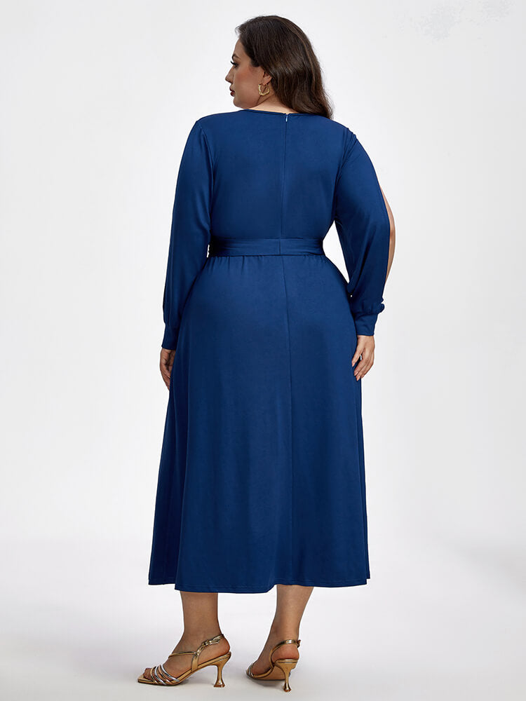 VIP Plus Crisscross V-Neck Hollow Out Lantern Sleeve Pocket Tie Front Maxi Dress