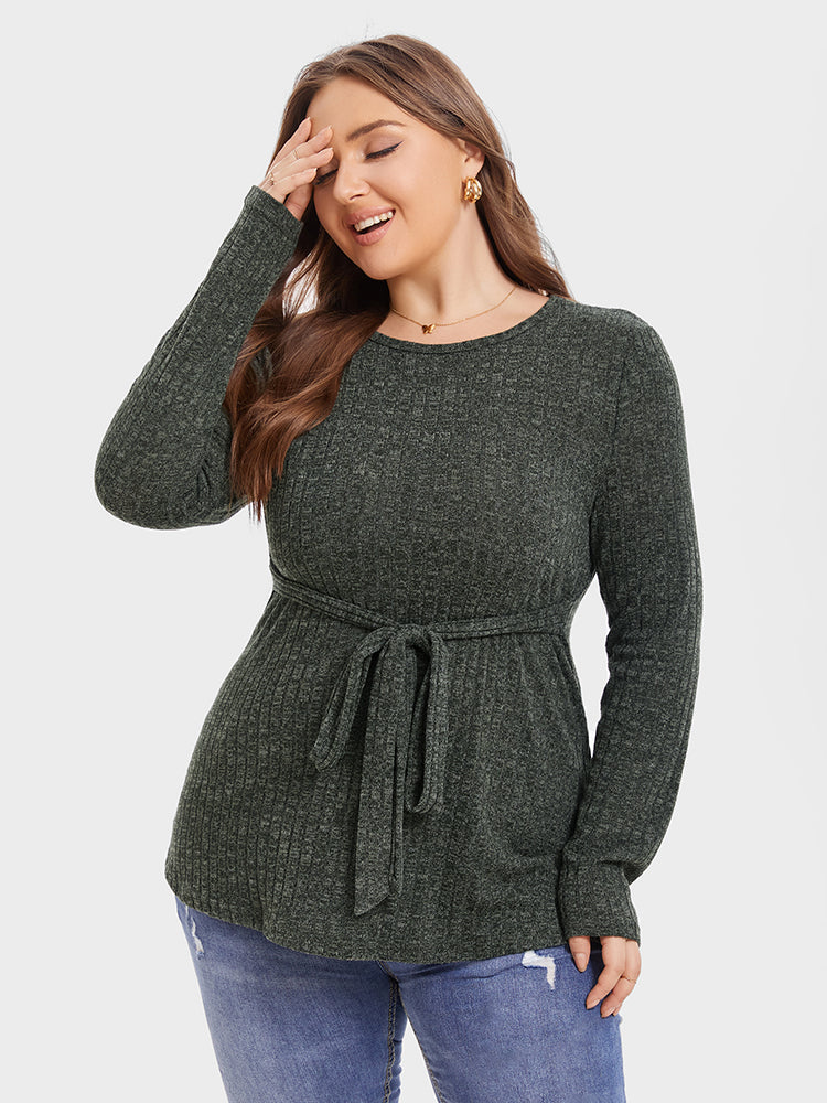 Round Neck Marled Knit Belted Tee