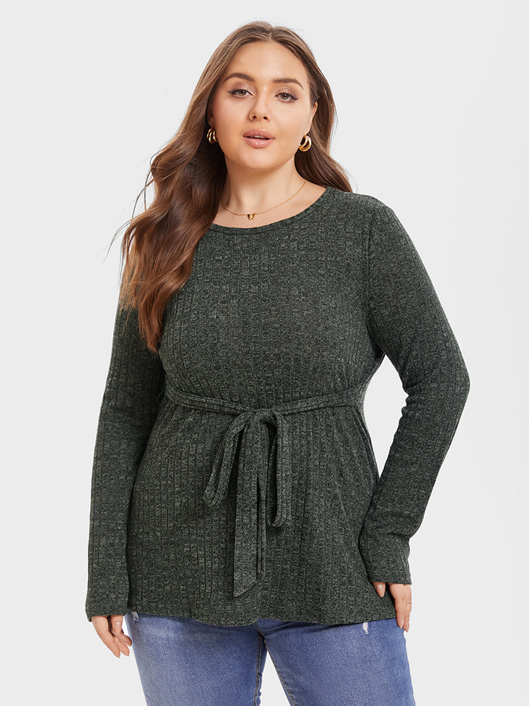 Round Neck Marled Knit Belted Tee