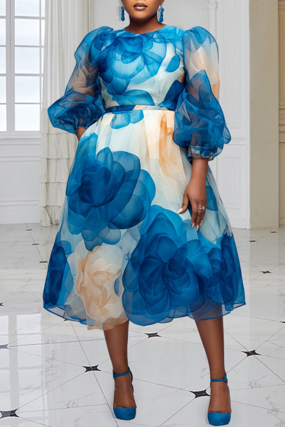 Xpluswear Design Plus Size Cocktail Party Light Blue Round Neck Puff Sleeve 3/4 Sleeve Pocket Organza Midi Dresses