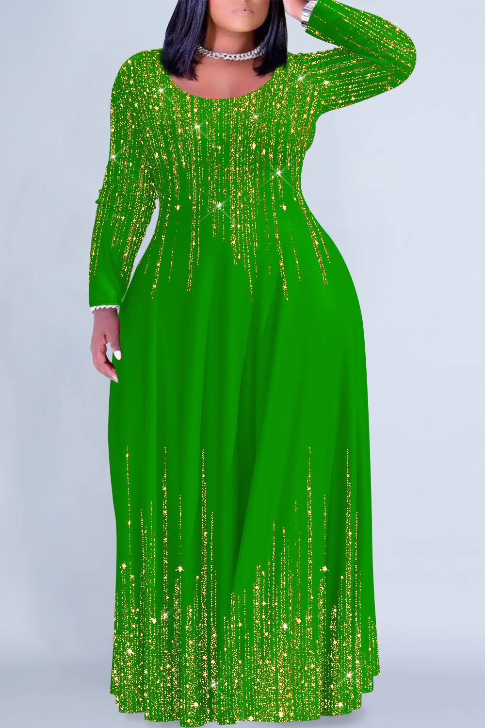 Xpluswear Design Plus Size Christmas Black Gradient Round Neck Long Sleeve Maxi Dresses