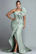 Xpluswear Design Plus Size Formal Sage Green Asymmetrical Collar One Shoulder Asymmetric Hem Irregular Hem Ruffle Satin Maxi Dresses