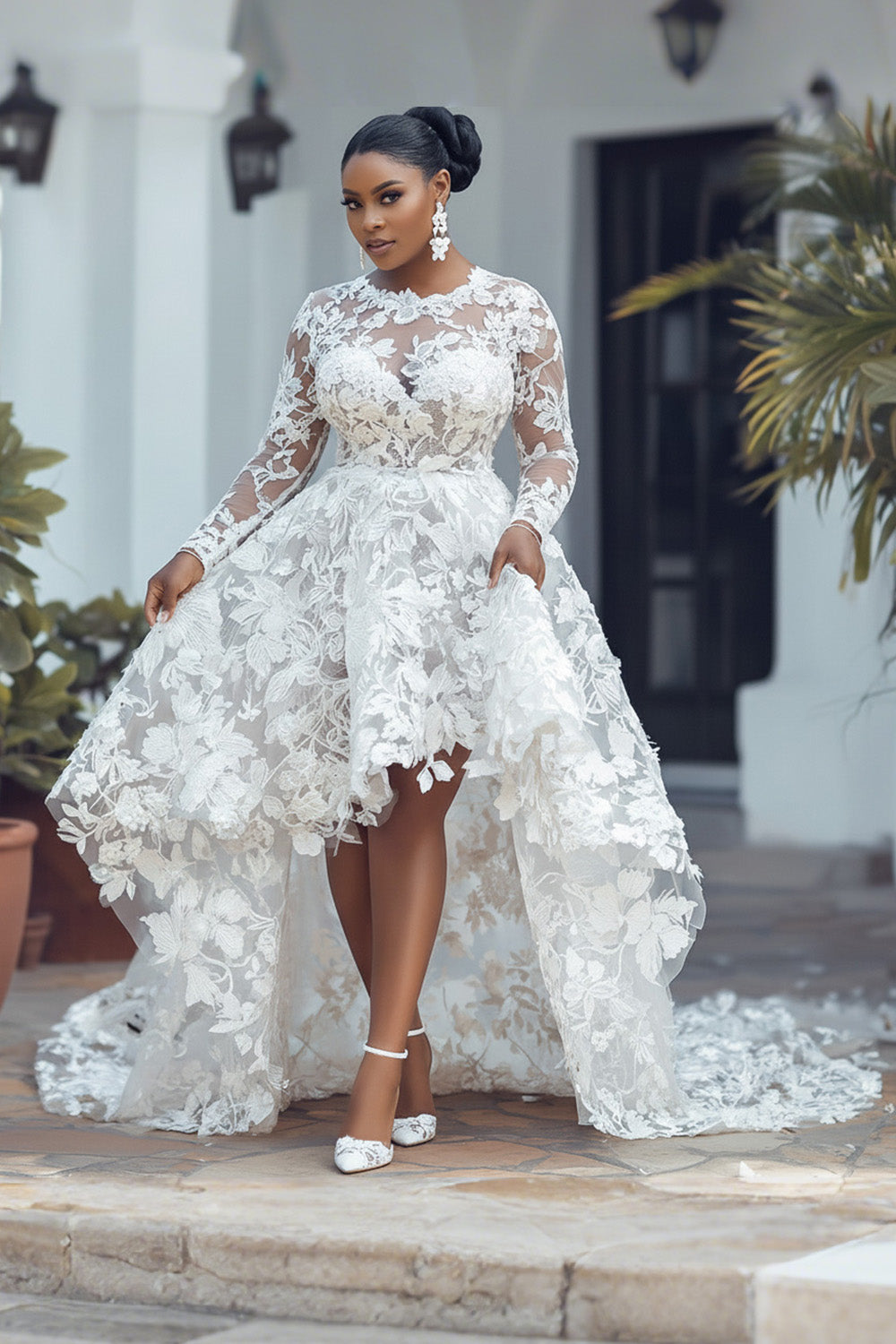 Xpluswear Design Plus Size Wedding White Round Neck Long Sleeve See Through High Low Hem Guipure Lace Midi Dresses