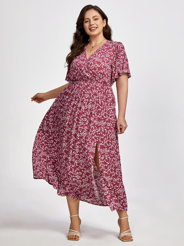 Plus Floral V-Neck Elastic Waist Pocket Flutter Sleeve Maxi Dress