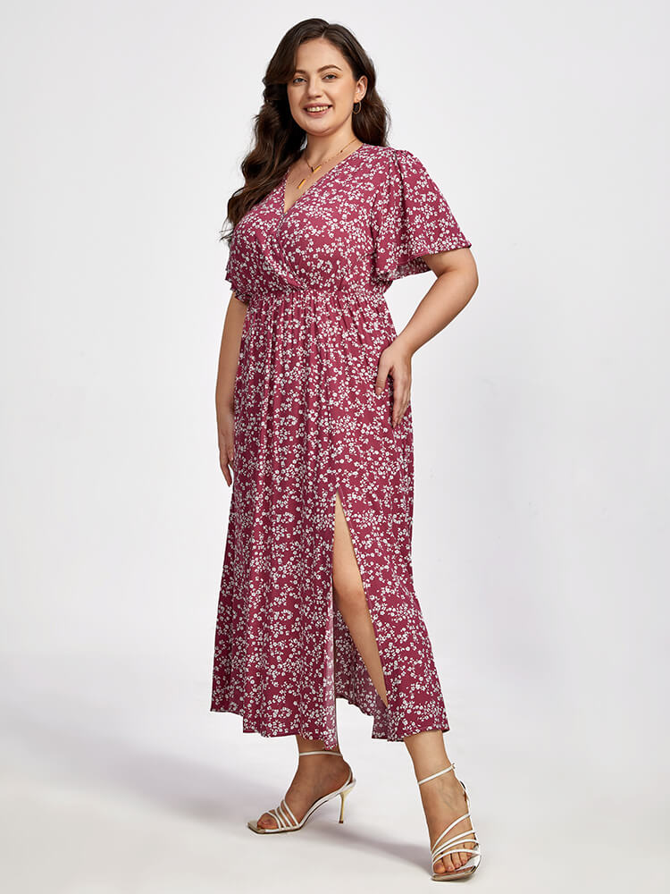 Plus Floral V-Neck Elastic Waist Pocket Flutter Sleeve Maxi Dress