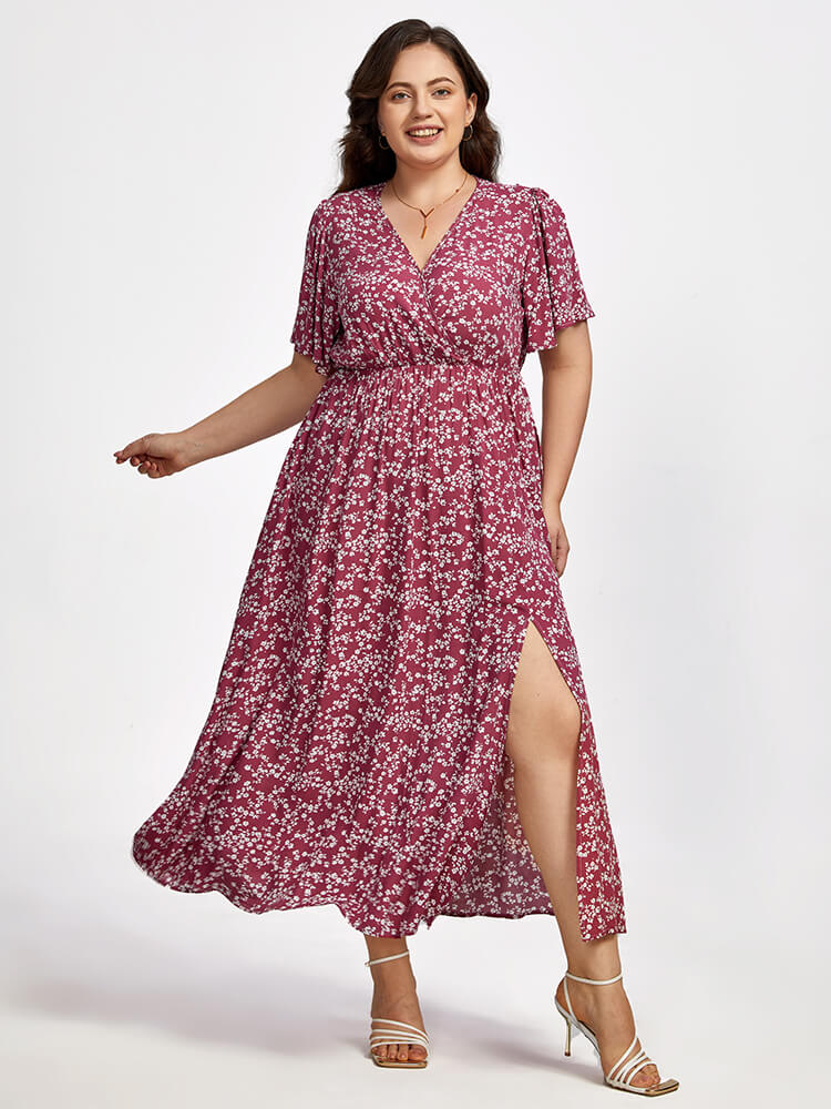 Plus Floral V-Neck Elastic Waist Pocket Flutter Sleeve Maxi Dress