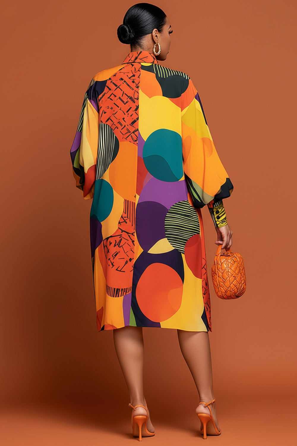 Xpluswear Design Plus Size Daily Multicolor Graphic Shirt Collar Lantern Sleeve Long Sleeve Button Pocket Midi Dresses