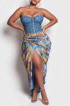 Xpluswear Design Plus Size Party Light Blue Graphic Split Fold Denim Two Piece Skirt Sets