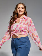 Plus Pink Floral Drop Shoulder Mesh Blouse Without Vest