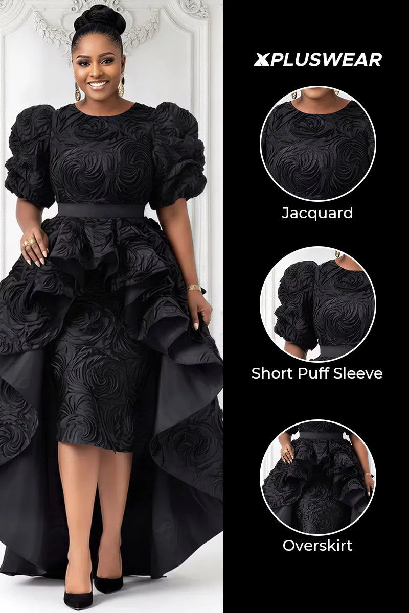 Xpluswear Design Plus Size Jacquard Formal Black Round Neck Puff Sleeve Short Sleeve With Skirt Overlay Midi Dresses