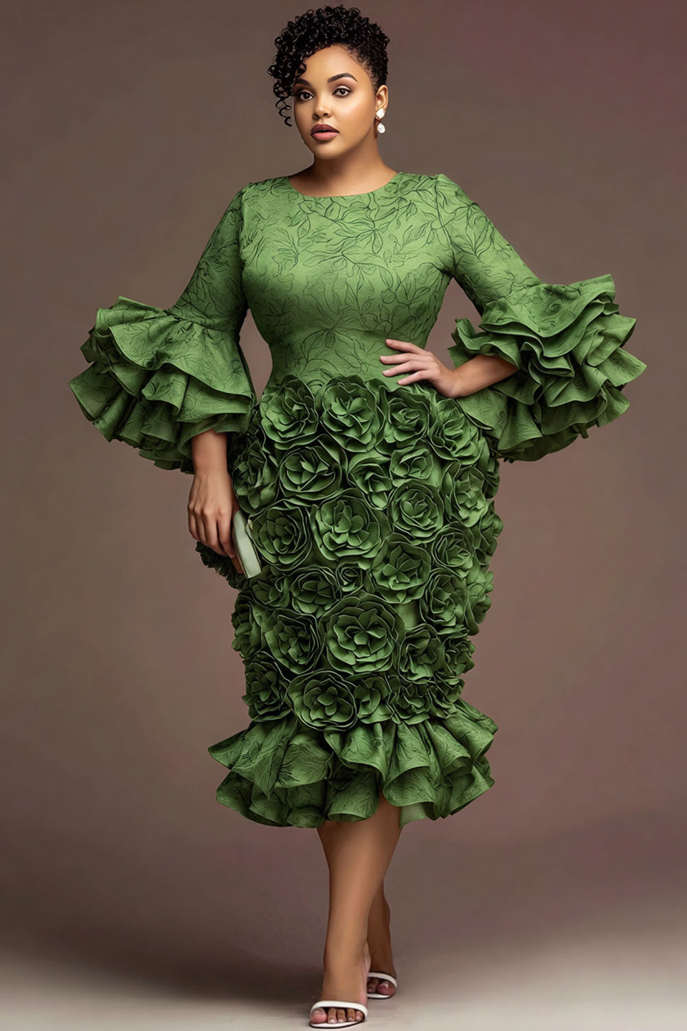 Xpluswear Design Plus Size Formal Green Round Neck Flare 3/4 Sleeve 3D Ruffle Satin Midi Dresses