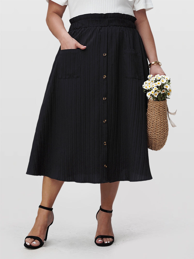 Solid Button Front Pocket Elastic Waist Skirt