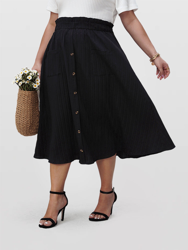 Solid Button Front Pocket Elastic Waist Skirt