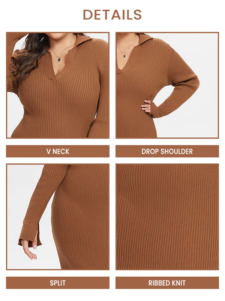 VIP Ribbed Knit Split Midi Sweater Dress