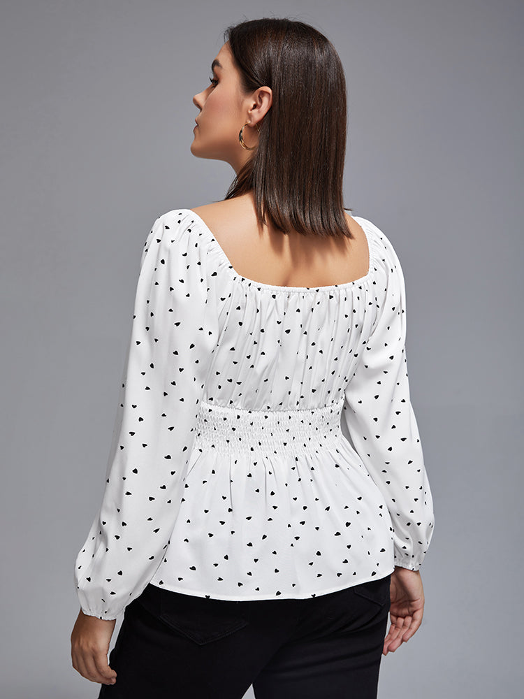 Plus Heart Print Square Neck Shirred Blouse