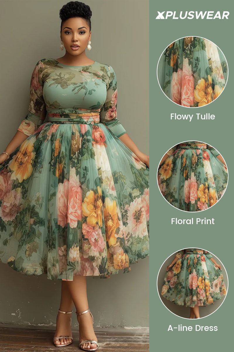 Xpluswear Design Plus Size Vacation Sage Green Floral Round Neck 3/4 Sleeve See Through Tulle Midi Dresses
