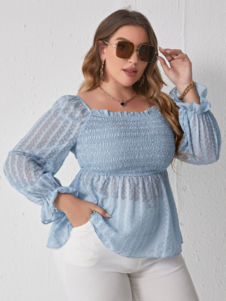Plus Blue Square Neck Frill Trim Ruffle Blouse