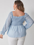 Plus Blue Square Neck Frill Trim Ruffle Blouse
