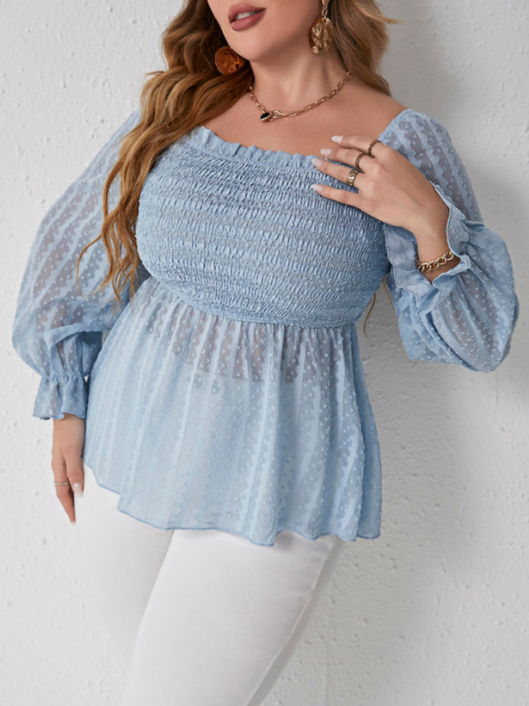 Plus Blue Square Neck Frill Trim Ruffle Blouse