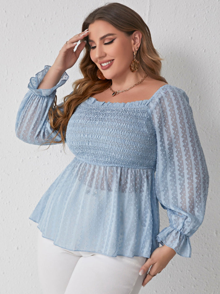Plus Blue Square Neck Frill Trim Ruffle Blouse