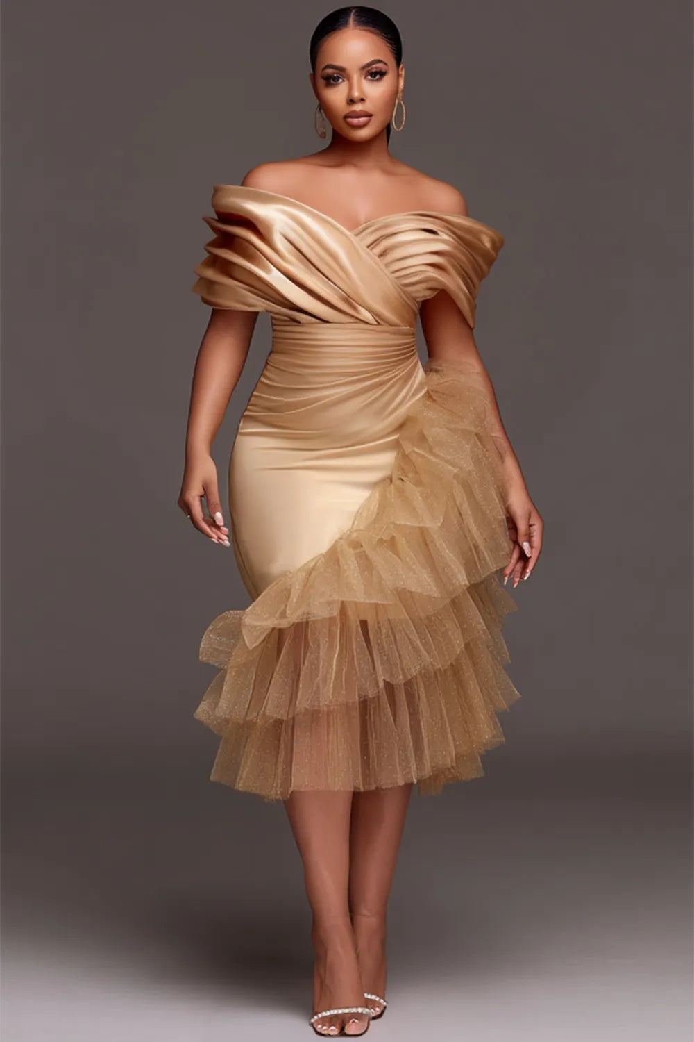 Xpluswear Design Plus Size Wedding Guest Tulle Champagne Off The Shoulder Ruffle Elegant Contrast Satin Midi Dresses