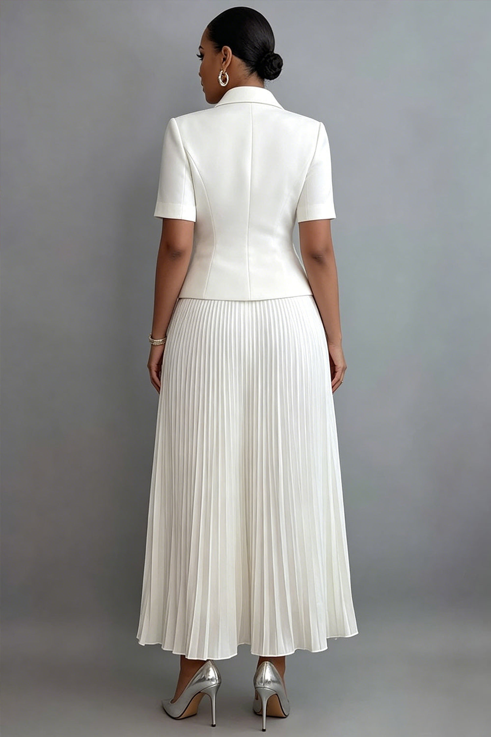 Xpluswear Design Plus Size Formal Chiffon White Turndown Collar Short Sleeve Pleated Pocket Satin Two Piece Skirt Sets